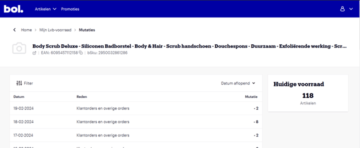 Stock mutations in seller account.