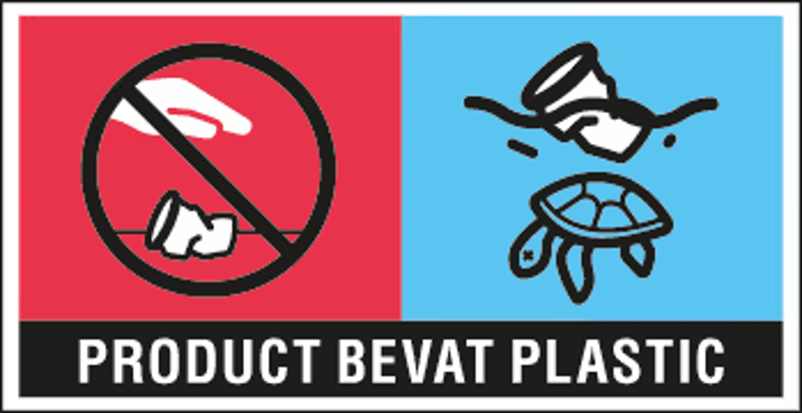 Image with two parts: on the left, a toilet with a crossed-out plastic plate on a red background. On the right, a turtle under a plastic object on a blue background. Text: “Item contains plastic.”