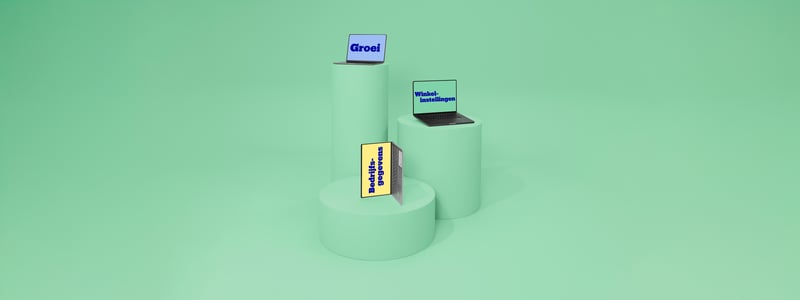 Three laptops and a standing sign placed on mint green cylindrical shapes, with the texts 'Growth', 'Shop Settings', and 'Company Details' on the screens.