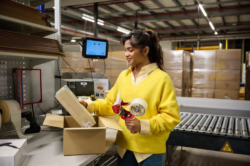 photo shows a woman scanning a package in a warehouse