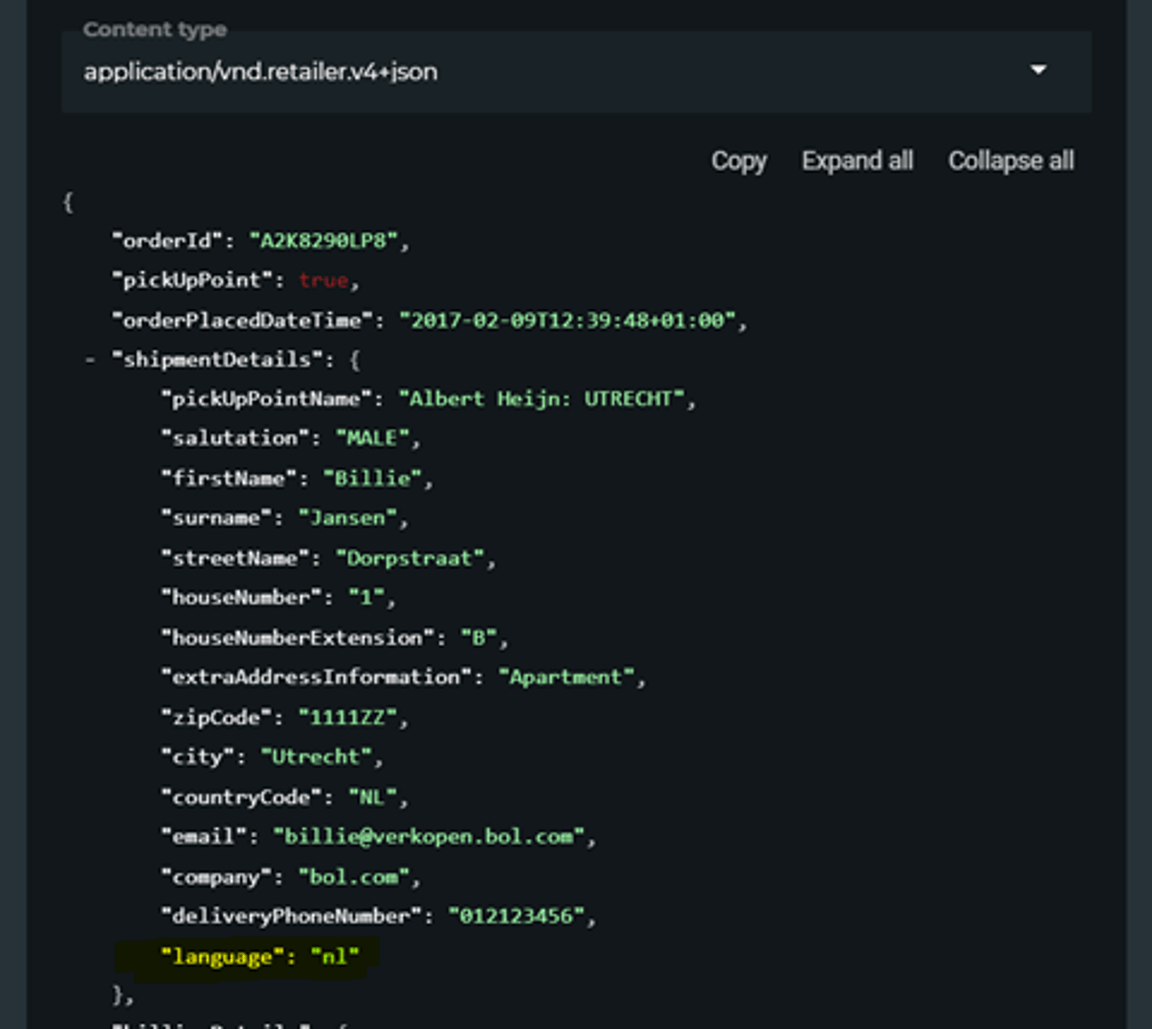 Exemple de sortie API avec codes de langue pour les clients, tels que le français et le néerlandais.