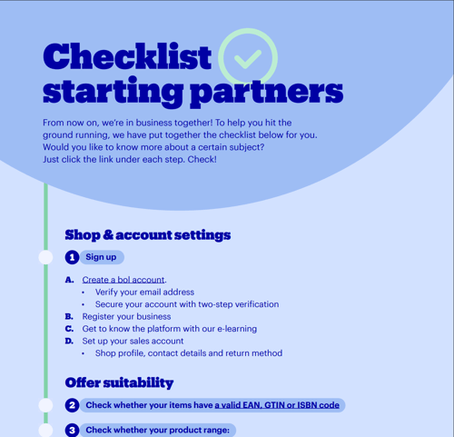 Checklist voor startende partners. Koptekst met een vinkje-icoontje. Stappen omvatten winkel- en accountinstellingen en geschiktheid van het aanbod met gedetailleerde taken zoals aanmelden, e-mail verifiëren, bedrijf registreren en productcodes controleren.