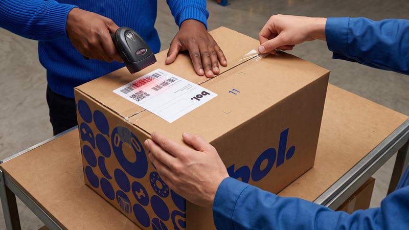 Deux personnes en pull bleu travaillent avec un carton.