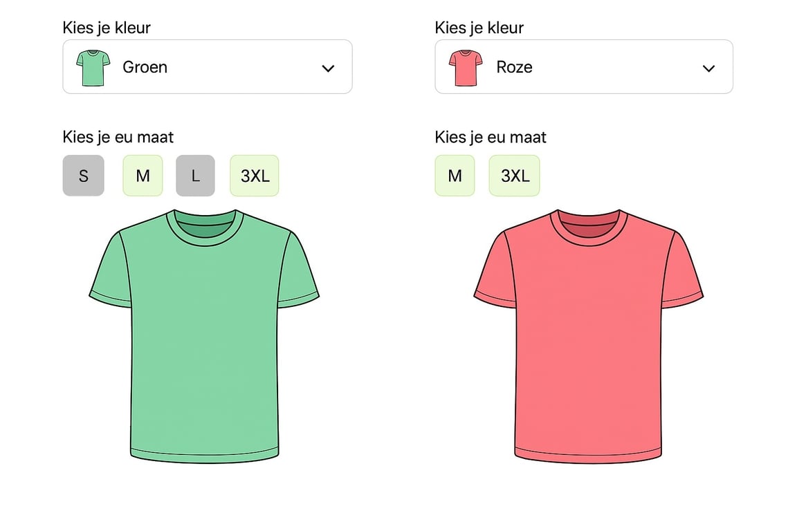 Op deze afbeelding zie je twee verschillende kleuren T-shirts en welke maten er beschikbaar zijn in die kleuren
