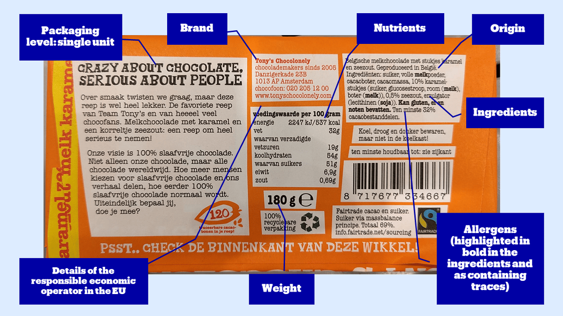 Orangefarbene Schokoladentafelverpackung mit Anmerkungen zu artikelinformationen. Textetiketten mit Zutaten, Nährwerten, Barcode, Gewicht und Allergenen.