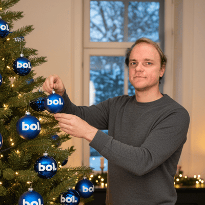 Een persoon in een grijze trui versiert een kerstboom met blauwe ballen met het label ‘bol’.