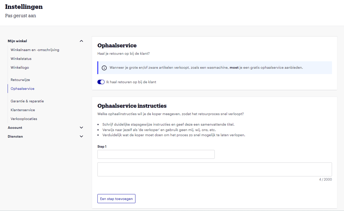 Screen where the partner can set up the pickup service for returns.