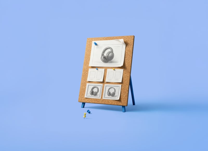Prikbord van kurk met geschetste meubelontwerpen, vastgezet met kleurrijke punaises. De achtergrond is lichtblauw.