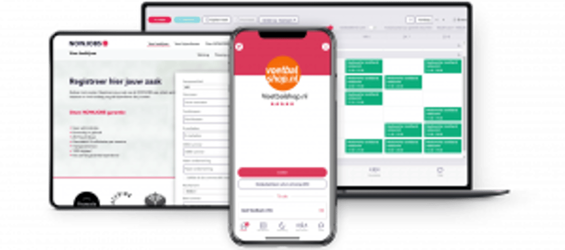Een laptop en smartphone tonen een website en app voor het zoeken naar vacatures, met een registratiepagina, app-beoordeling en kalendertool, waarmee de functionaliteit en gebruikersbetrokkenheid worden weergegeven.