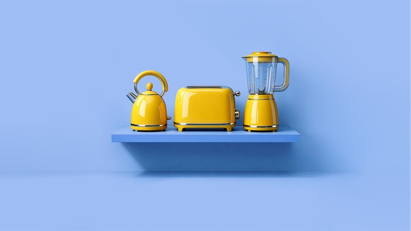 kitchen appliances on a shelf with a blue background
