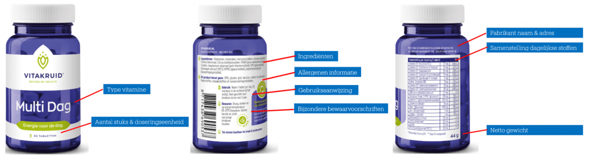 Blauwe flessen met VetriScience Multi Dog-supplementen, met de etiketten aan de voor-, achter- en zijkant met de belangrijkste kenmerken en voedingsinformatie.