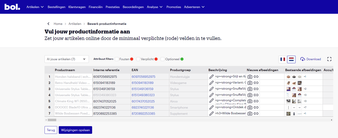Het aanvlussen van de benodigde productinformatie van meerder artikelen tegelijk