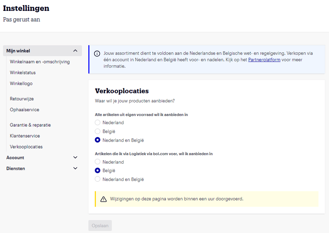 Screen where a partner chooses the sales location, such as the Netherlands or Belgium.