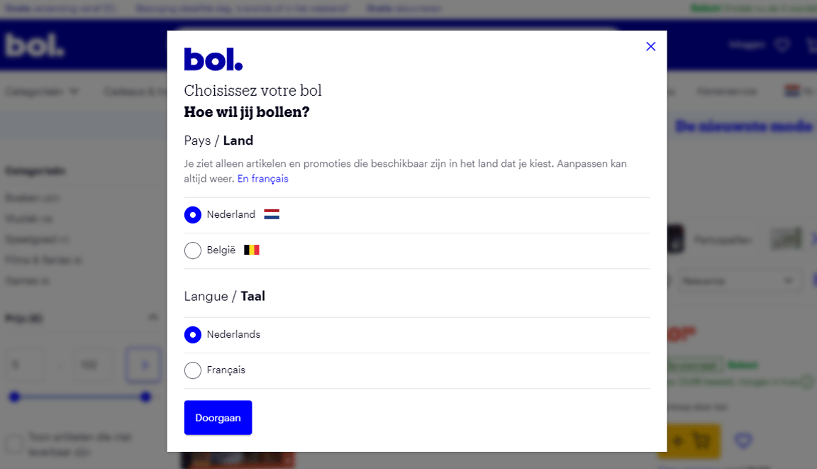 Pop-up window from bol where the user can choose the country and language, with options for the Netherlands or Belgium and Dutch or French.