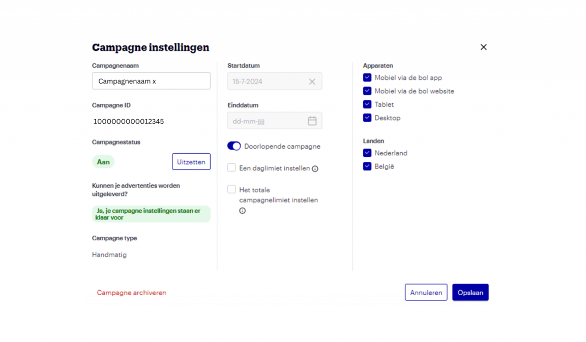 Screenshot Kampagneneinstellungen