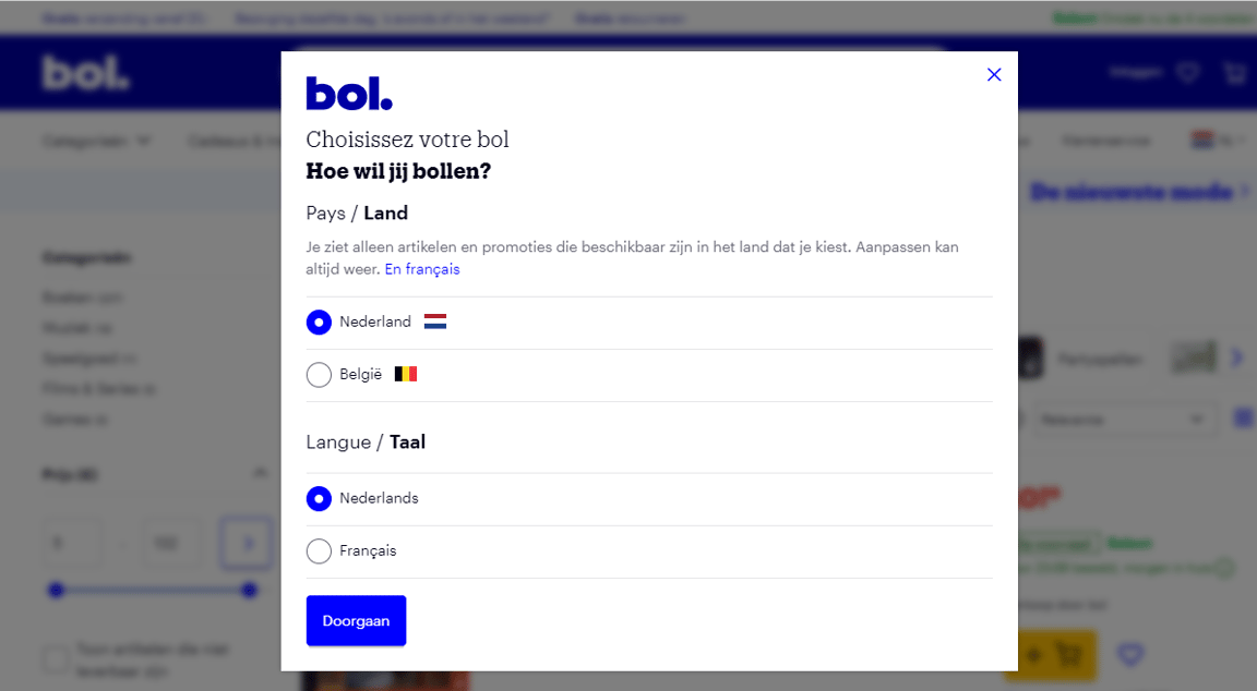 Selection screen of bol.com for country and language choice, with the Netherlands and Dutch selected.