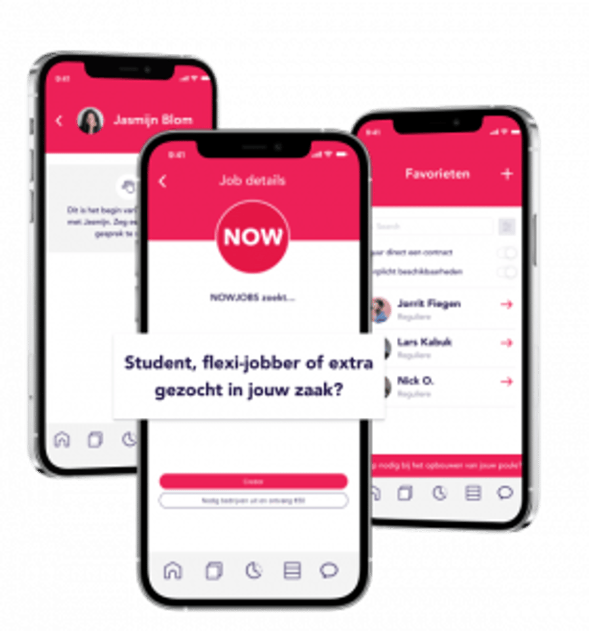 Drie smartphones tonen een app voor het zoeken naar werk met roze accenten. Het middelste scherm toont ‘NOW’, wat verwijst naar het zoeken naar werk. De tekst suggereert het aannemen van studenten of flexwerkers.