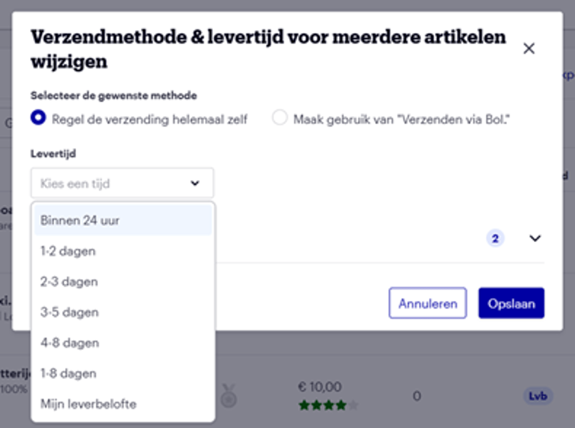 Verzendmethode wijzigen