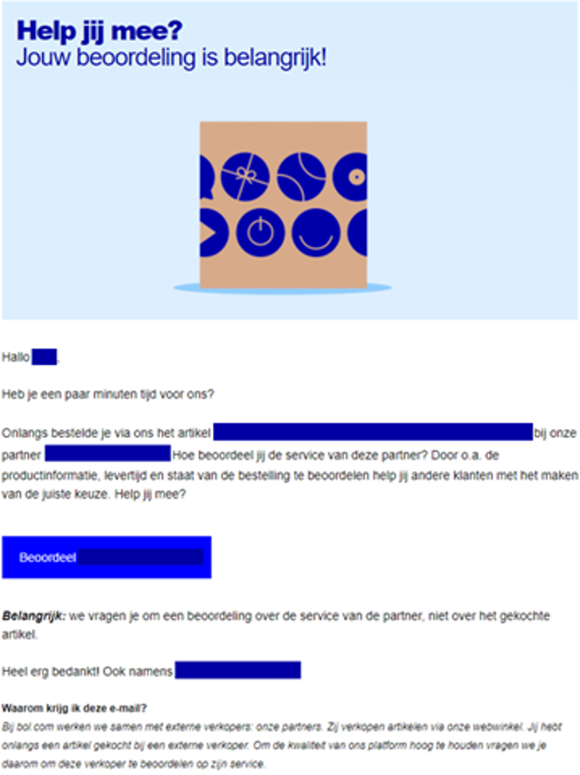 Example email about a customer review.