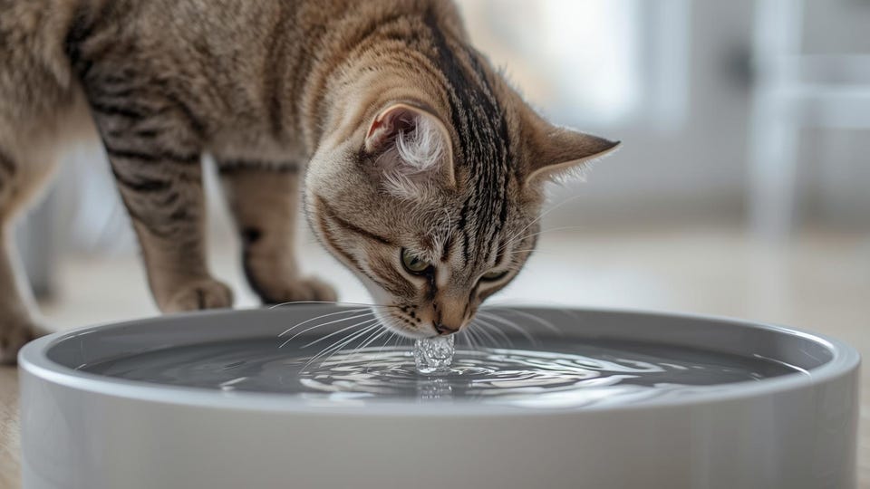 cat drinking from open cat water fountain with water spout in middle, indoor.jpg cat drinking from open cat water fountain with water spout in middle, indoor.jpg